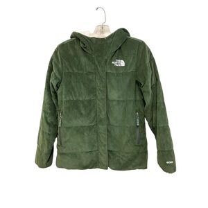 North Face 600 Down Jacket Girls Sz 12 Green Hooded Puffer Corduroy Sherpa Lined